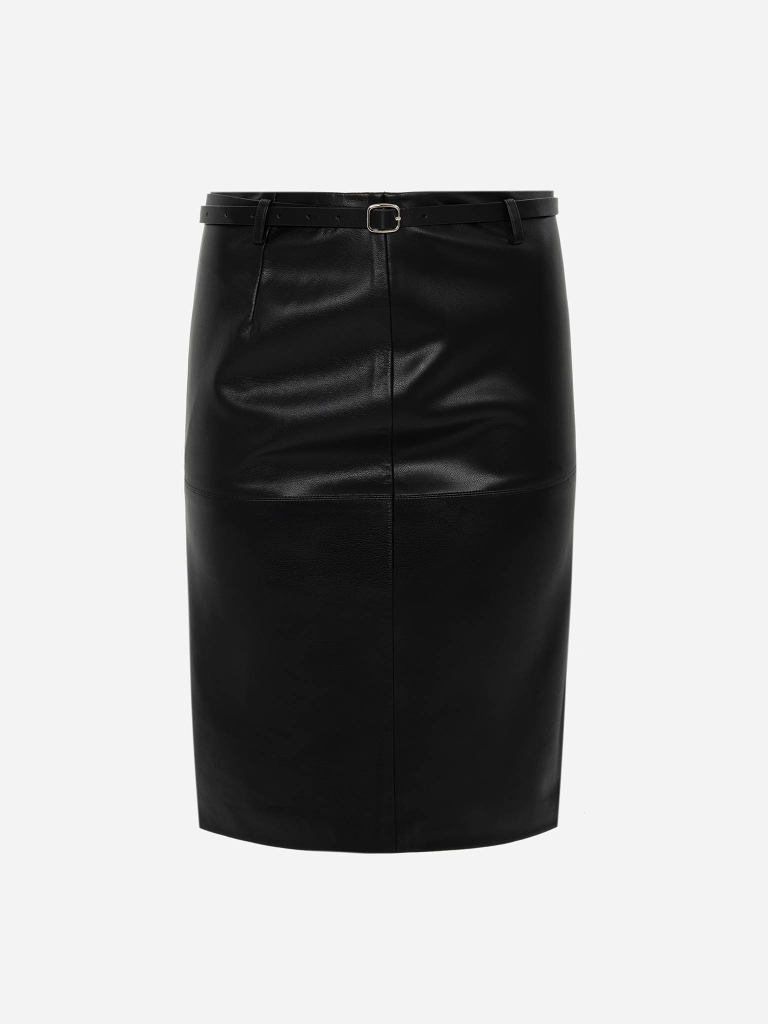 Knee-length eco-leather skirt with a front slit and a belt