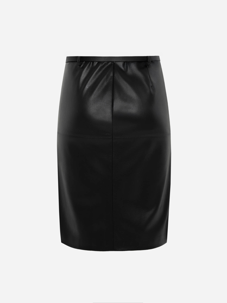 Knee-length eco-leather skirt with a front slit and a belt