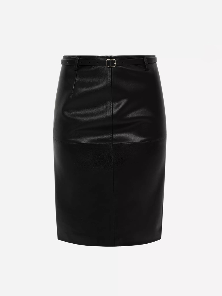 Knee-length eco-leather skirt with a front slit and a belt