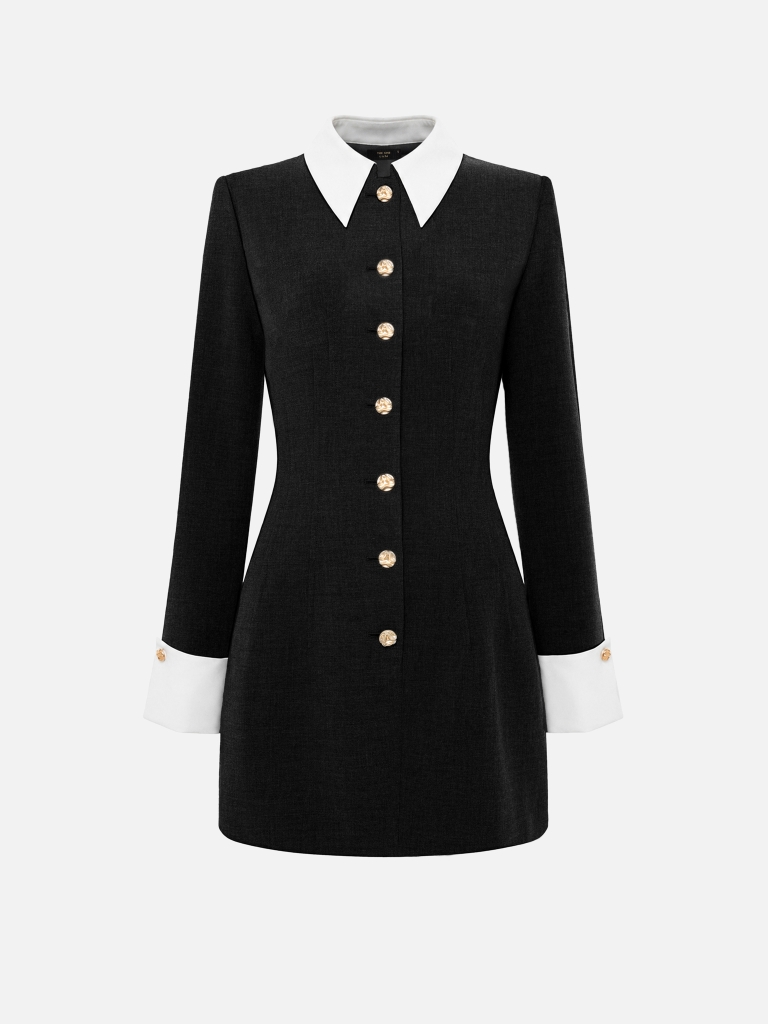Fitted jacket-style dress with contrasting details and golden details 