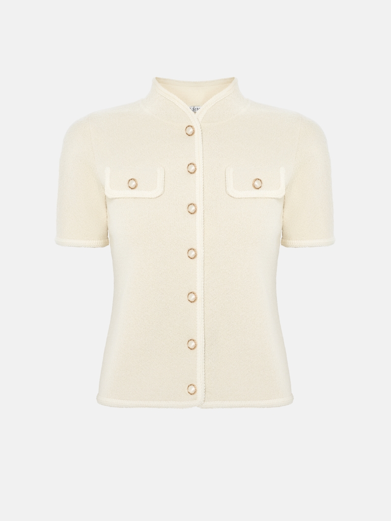 Knitted cardigan with short sleeves and pearlescent buttons