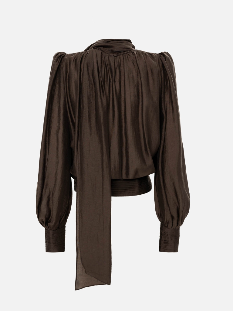 Voluminous blouse with draping at the waist and a ribbon scarf