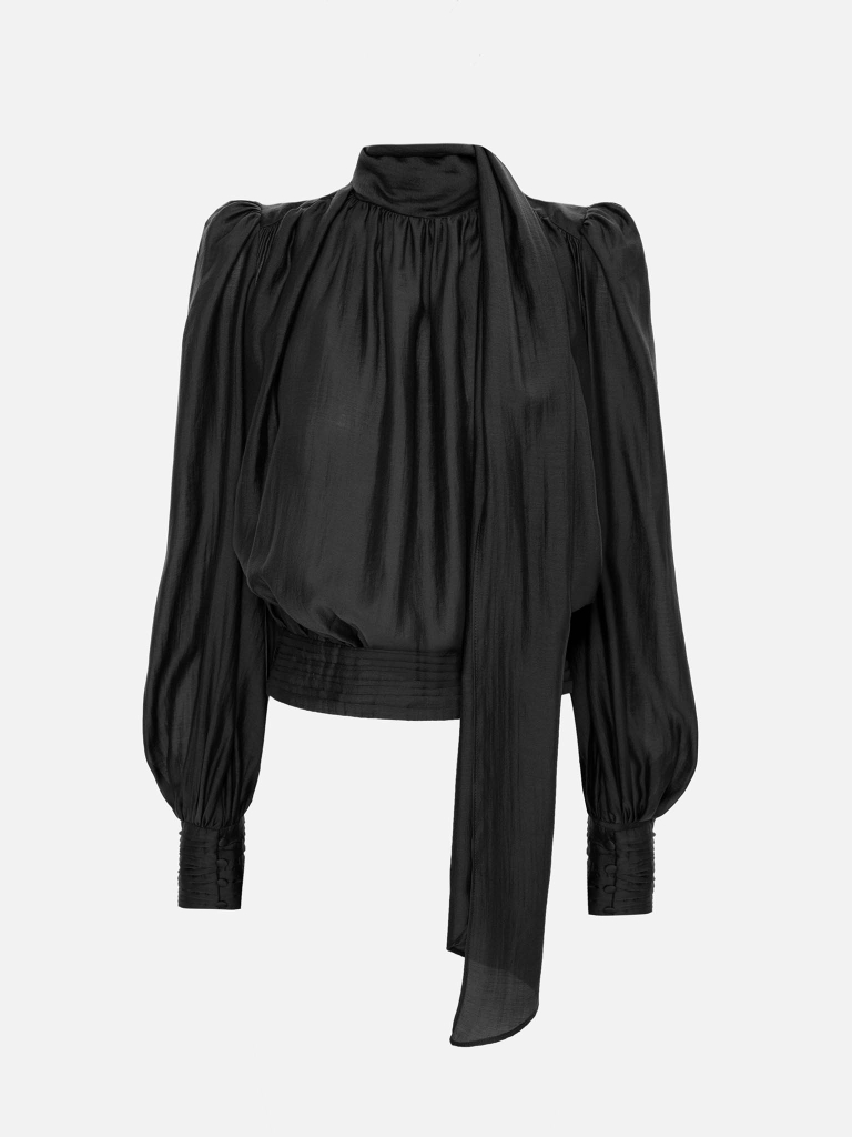Voluminous blouse with draping at the waist and a ribbon scarf