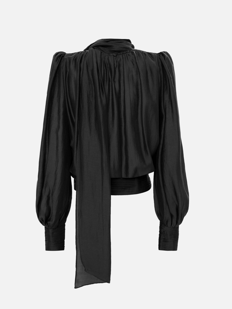 Voluminous blouse with draping at the waist and a ribbon scarf