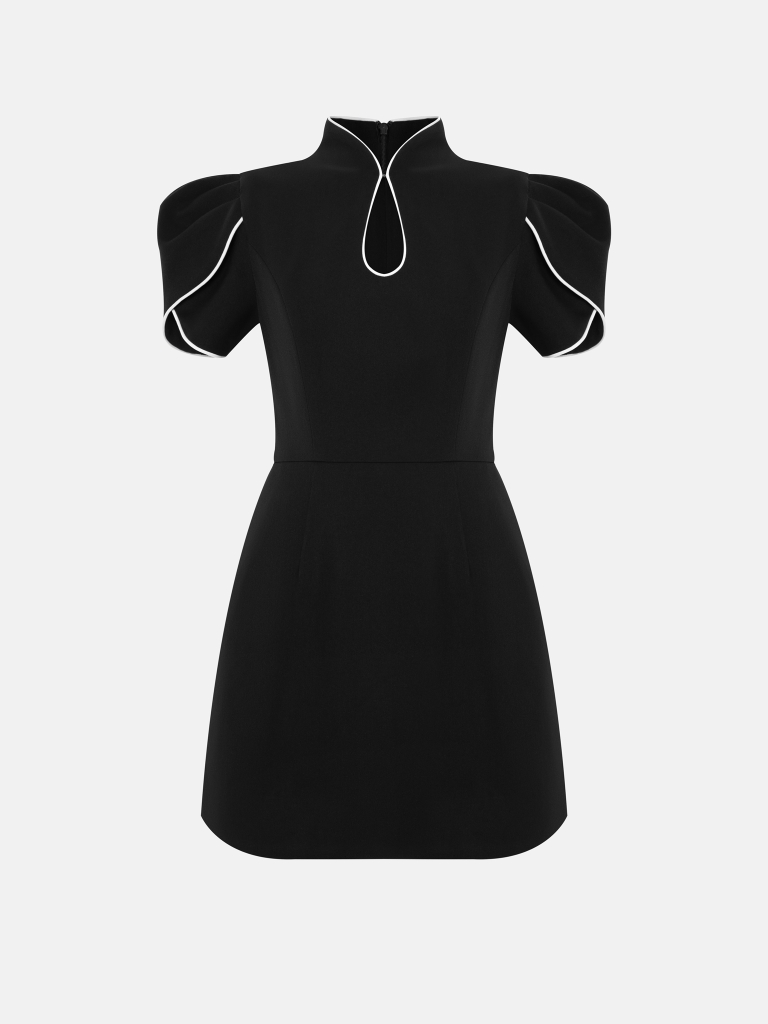 Mini dress with voluminous shoulders and contrasting trim
