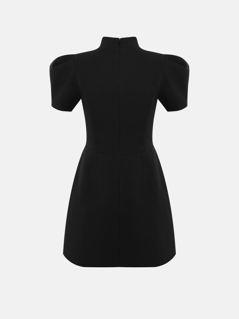 Mini dress with voluminous shoulders and contrasting trim