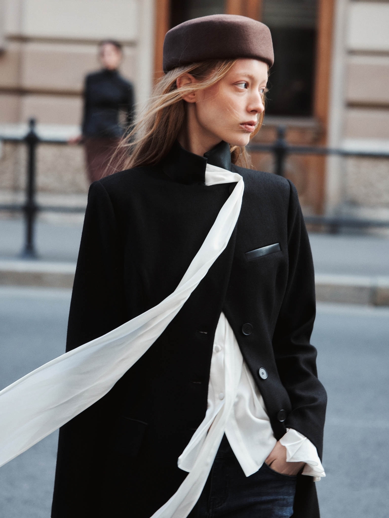 Fitted midi wool coat with eco-leather details