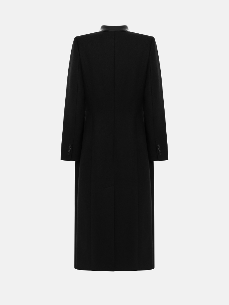 Fitted midi wool coat with eco-leather details