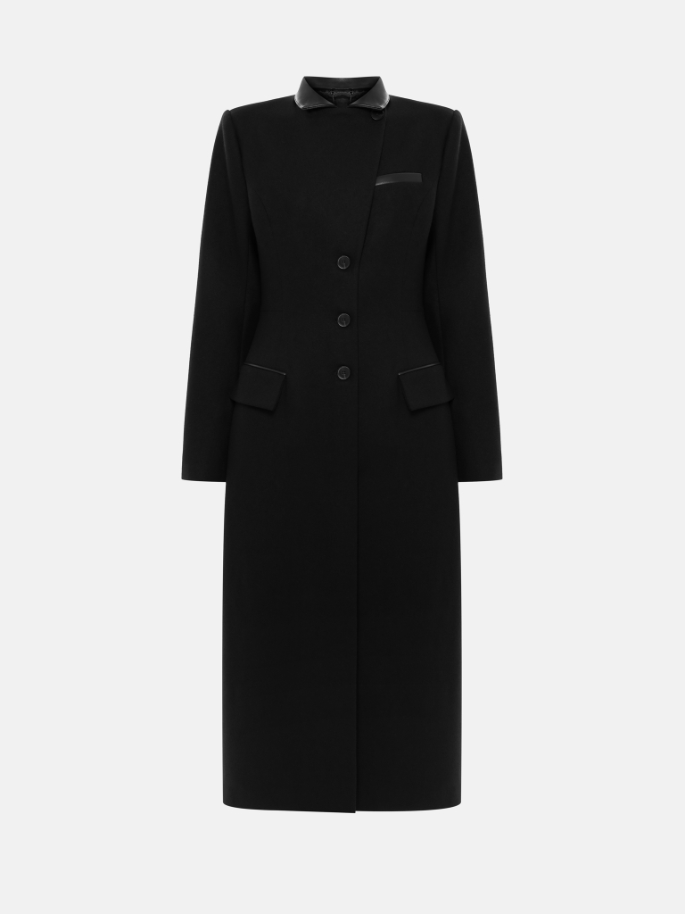 Fitted midi wool coat with eco-leather details