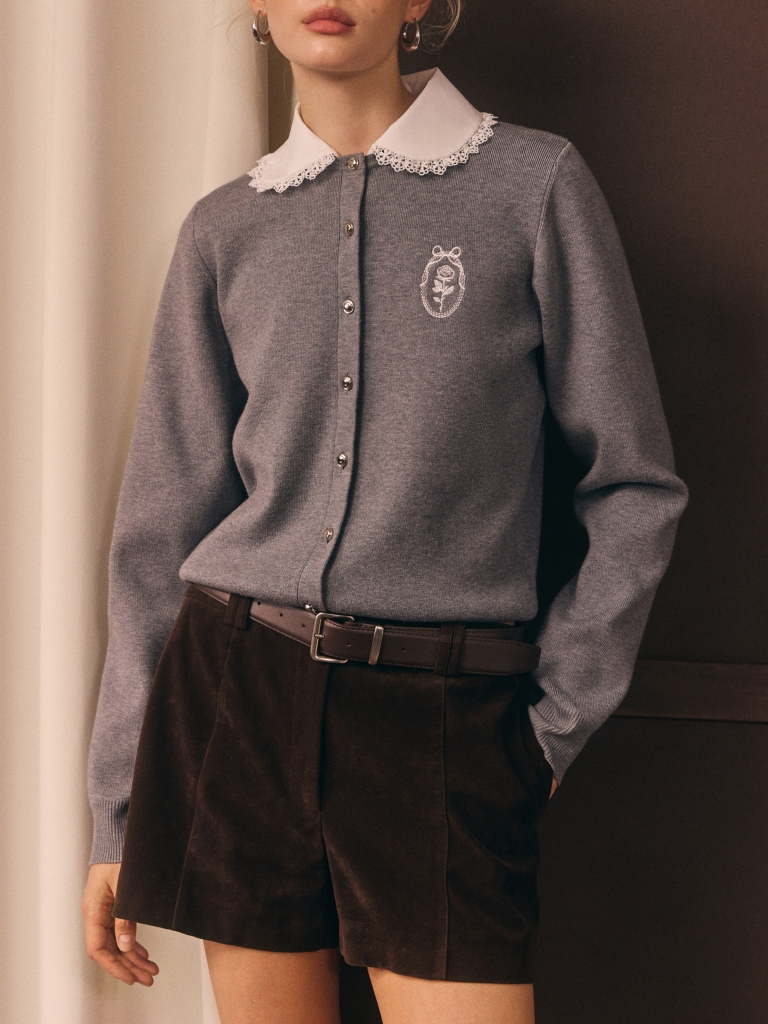 Viscose cardigan with a contrasting collar and openwork detailing