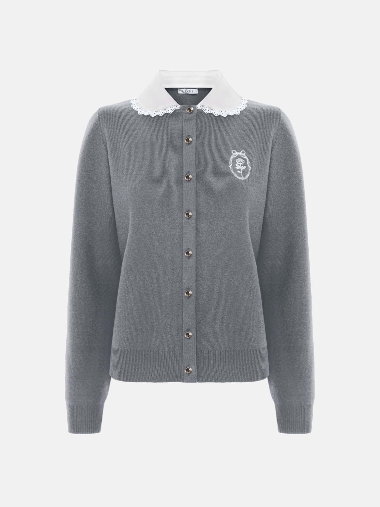 Viscose cardigan with a contrasting collar and embroidery