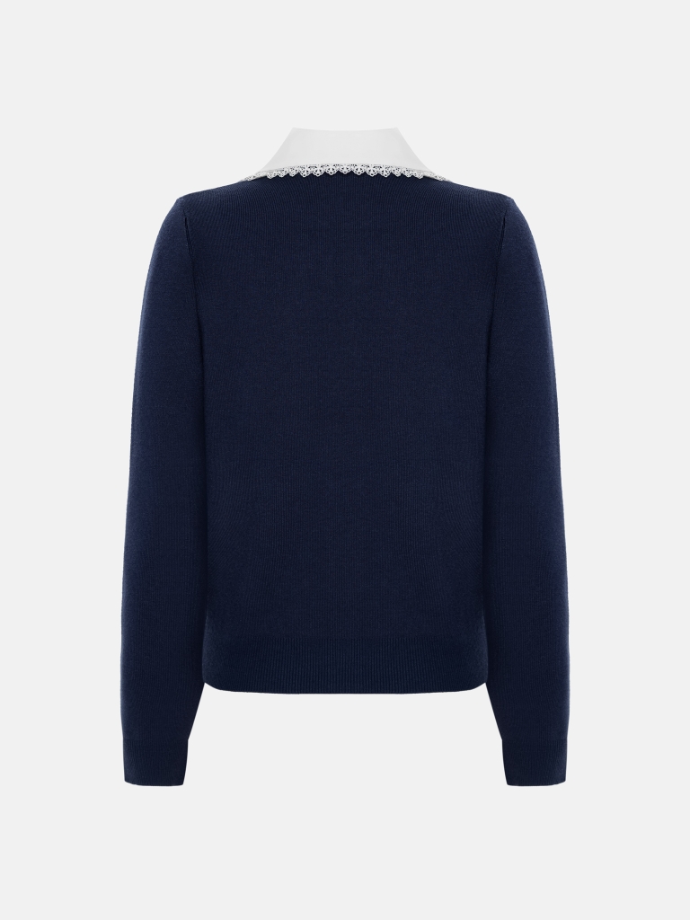 Viscose cardigan with a contrasting collar and openwork detailing