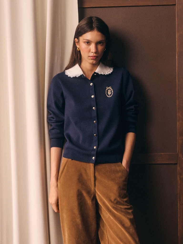 Viscose cardigan with a contrasting collar and openwork detailing