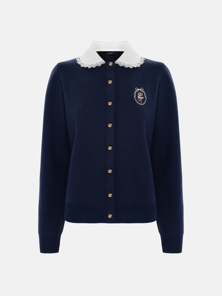 Viscose cardigan with a contrasting collar and openwork detailing
