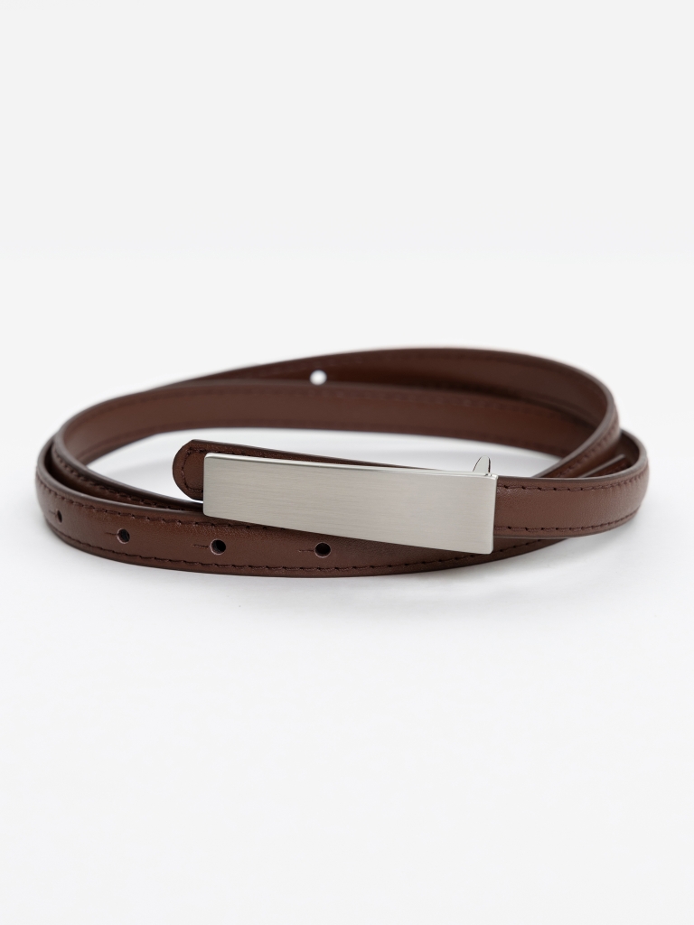 Thin leather belt with a rectangular buckle