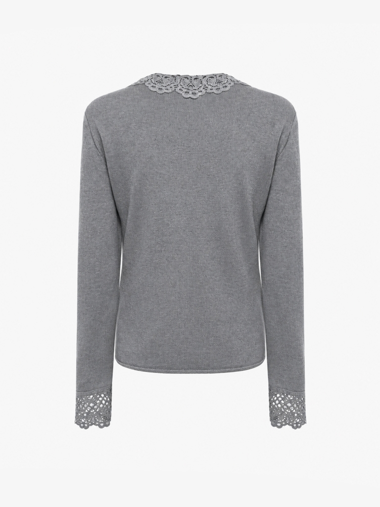 Loose-fitting viscose cardigan with openwork collar and cuffs