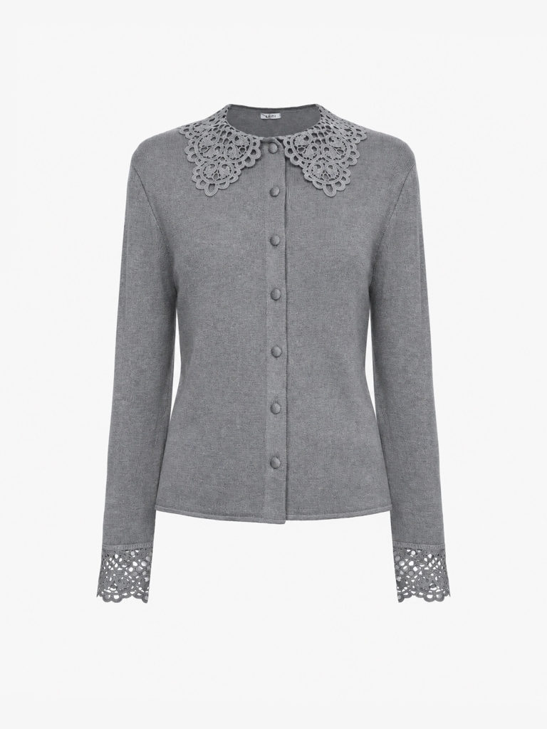 Loose-fitting viscose cardigan with openwork collar and cuffs