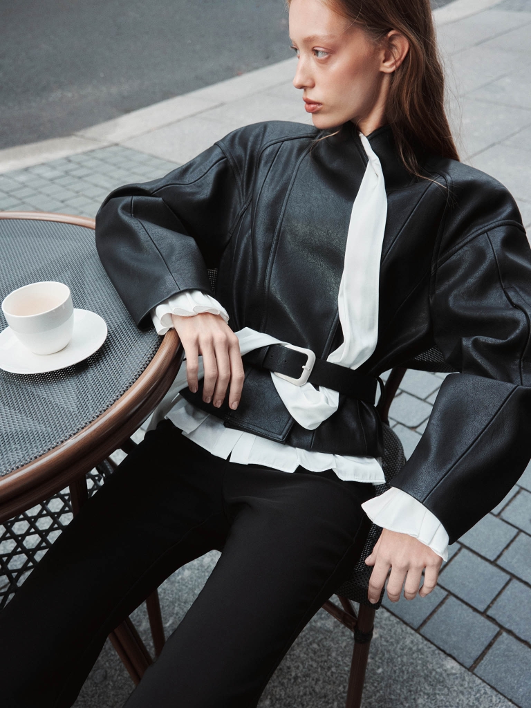 Loose-fitting eco-leather wrap jacket with a wide belt