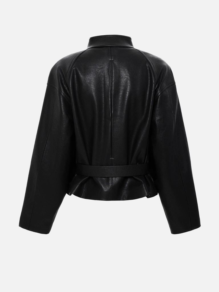 Loose-fitting eco-leather wrap jacket with a wide belt