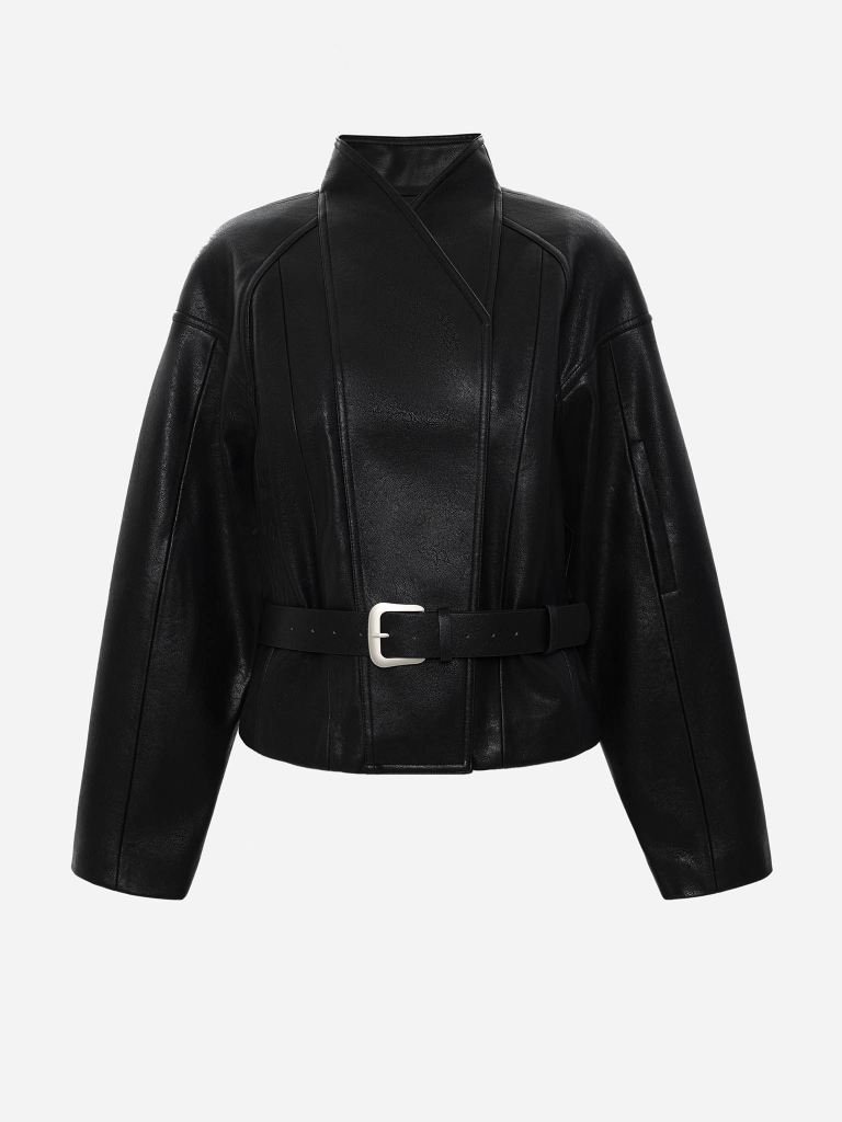 Loose-fitting eco-leather wrap jacket with a wide belt