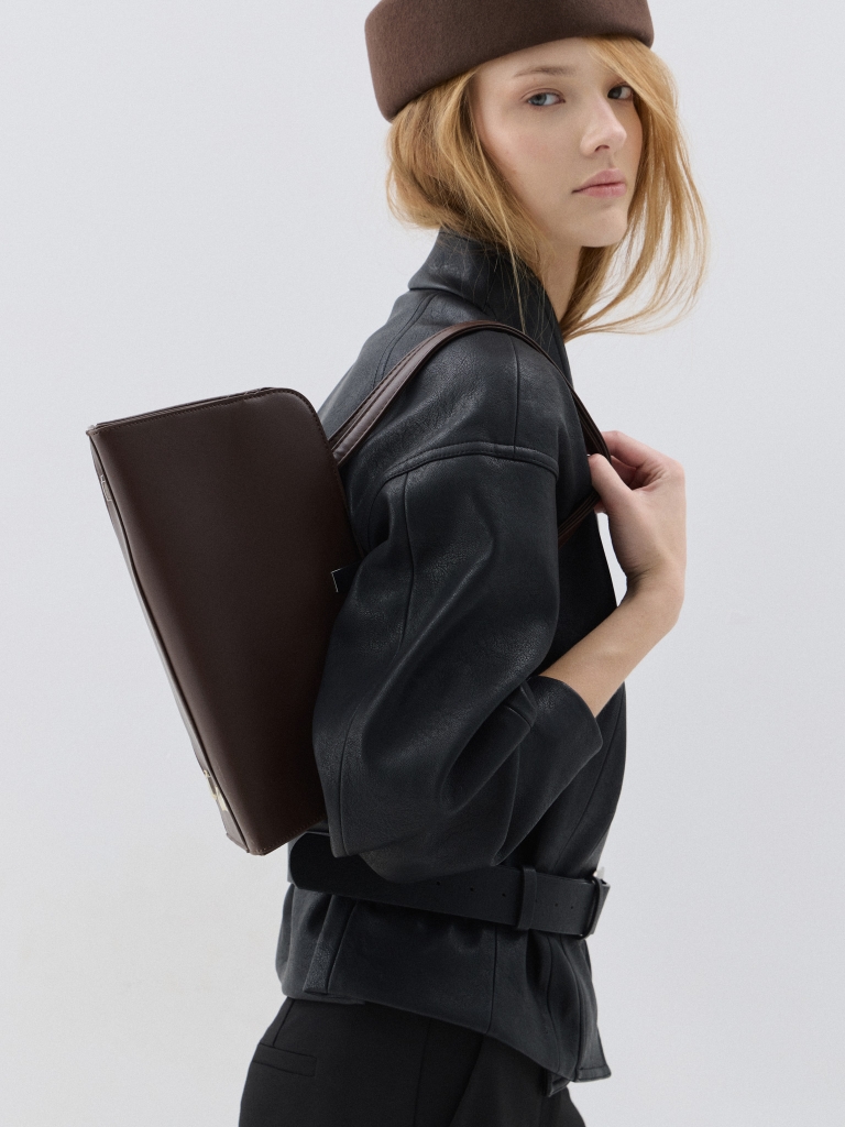 Trapezoid-shaped bag in matte eco-leather with silver accents