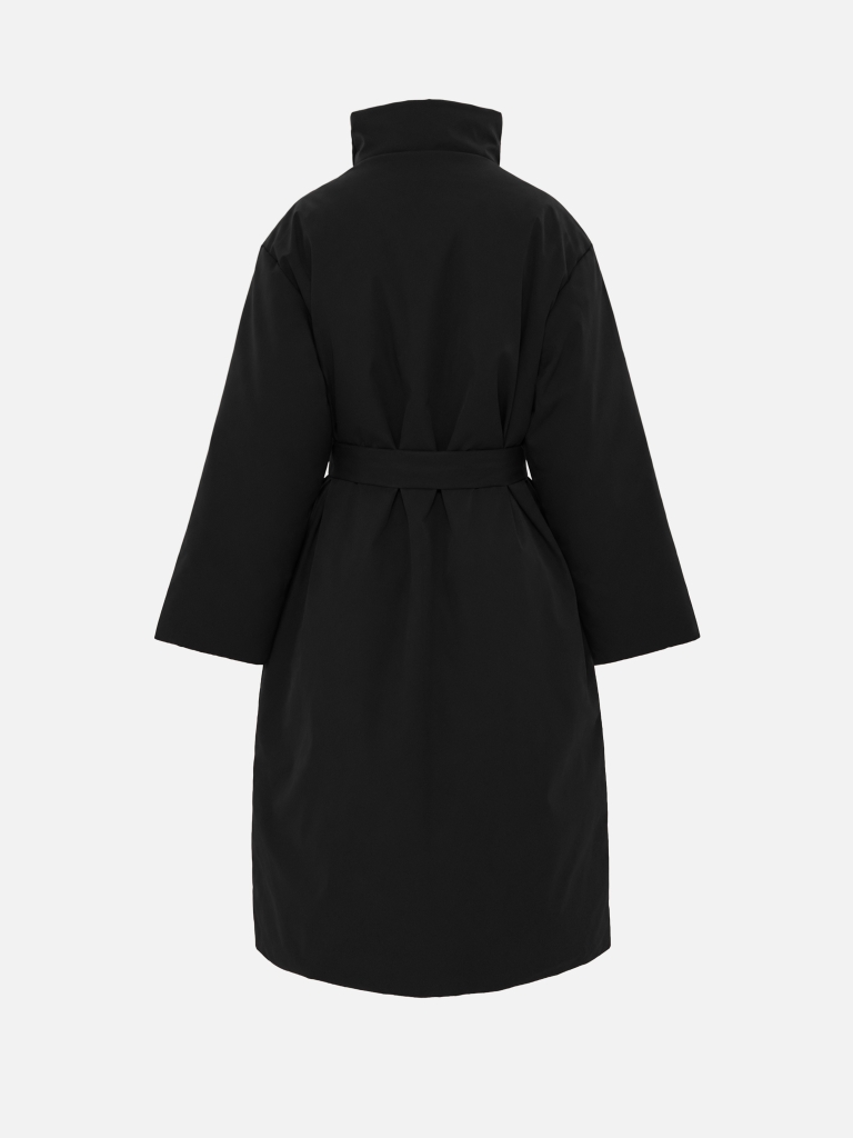 Midi puffer jacket with an asymmetrical fastening