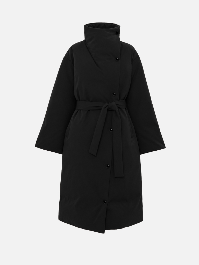 Midi puffer jacket with an asymmetrical fastening