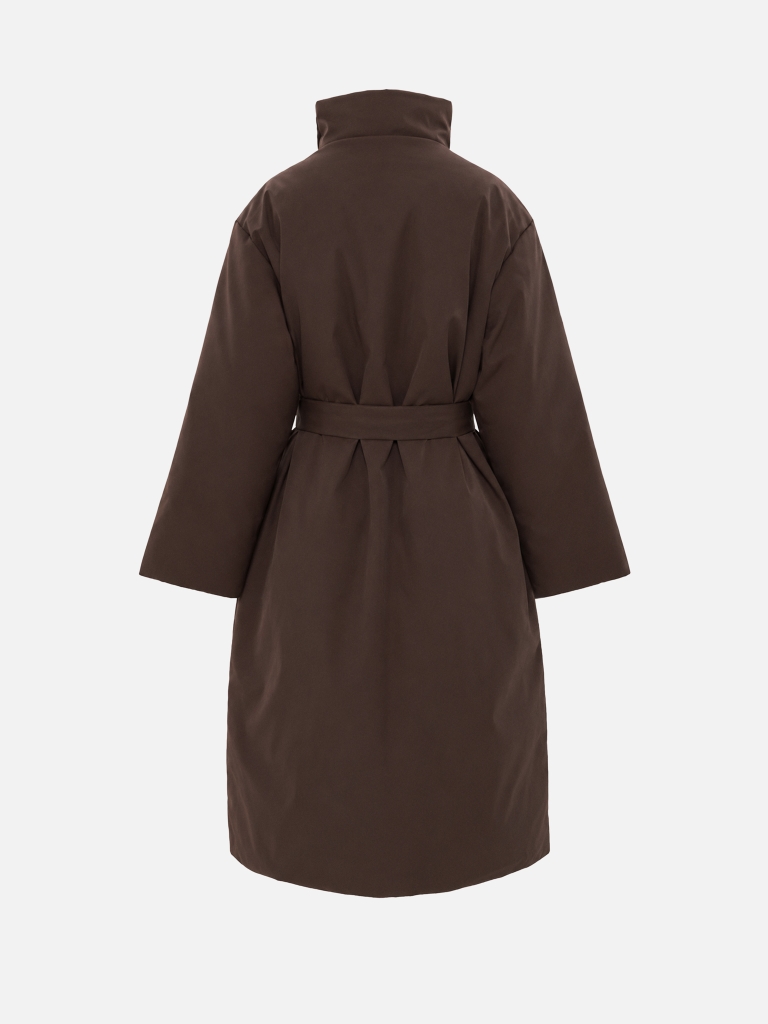 Midi puffer jacket with an asymmetrical fastening