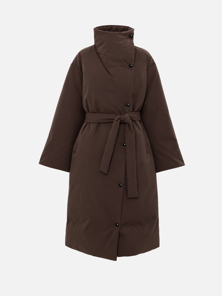 Midi puffer jacket with an asymmetrical fastening