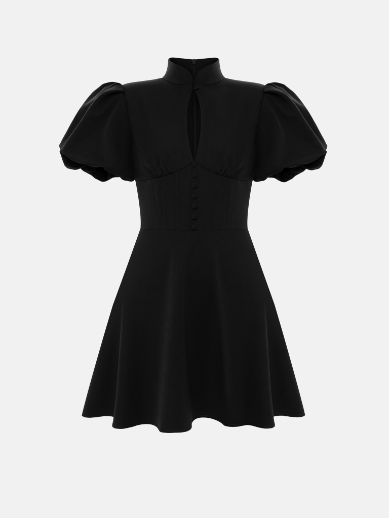 Figurbetontes Minikleid mit Stehkragen und Puffärmeln