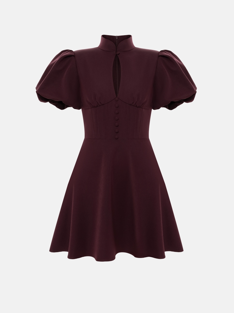 Figurbetontes Minikleid mit Stehkragen und Puffärmeln