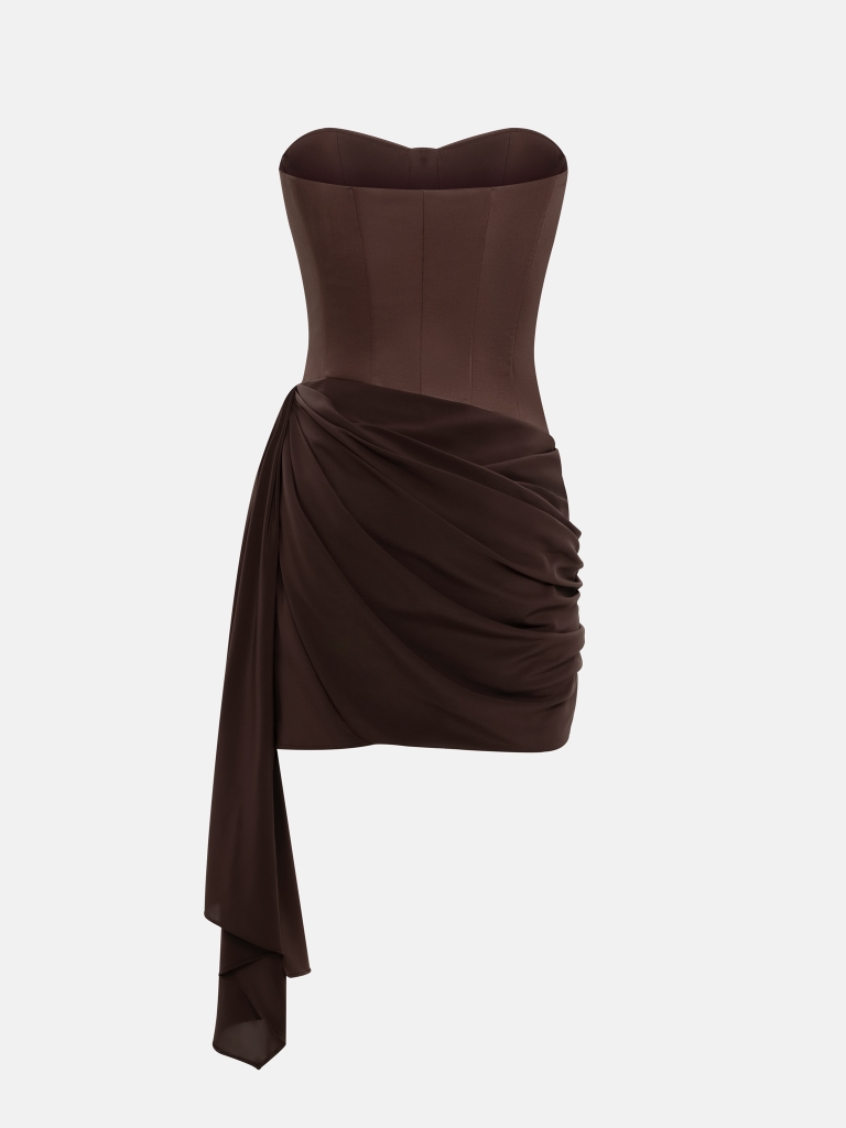 Open shoulder mini dress with draping at the hips