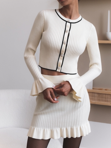 Rib-knit cardigan with cuff flounces :: LICHI - Online fashion store