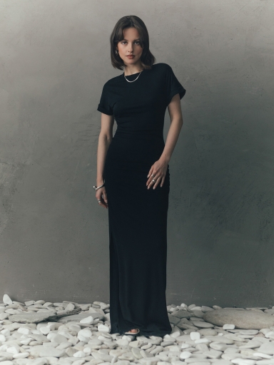 chinese dress ladies Final Sale Plus Size Short Sleeve Deep Scoop Neck Maxi Dress in Black main image 1