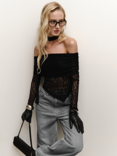 Lace top with open shoulders and neck ribbon :: LICHI - Online