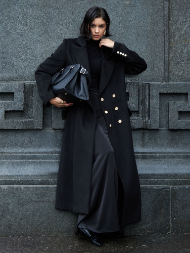 Double-breasted maxi coat with metal buttons :: LICHI - Online