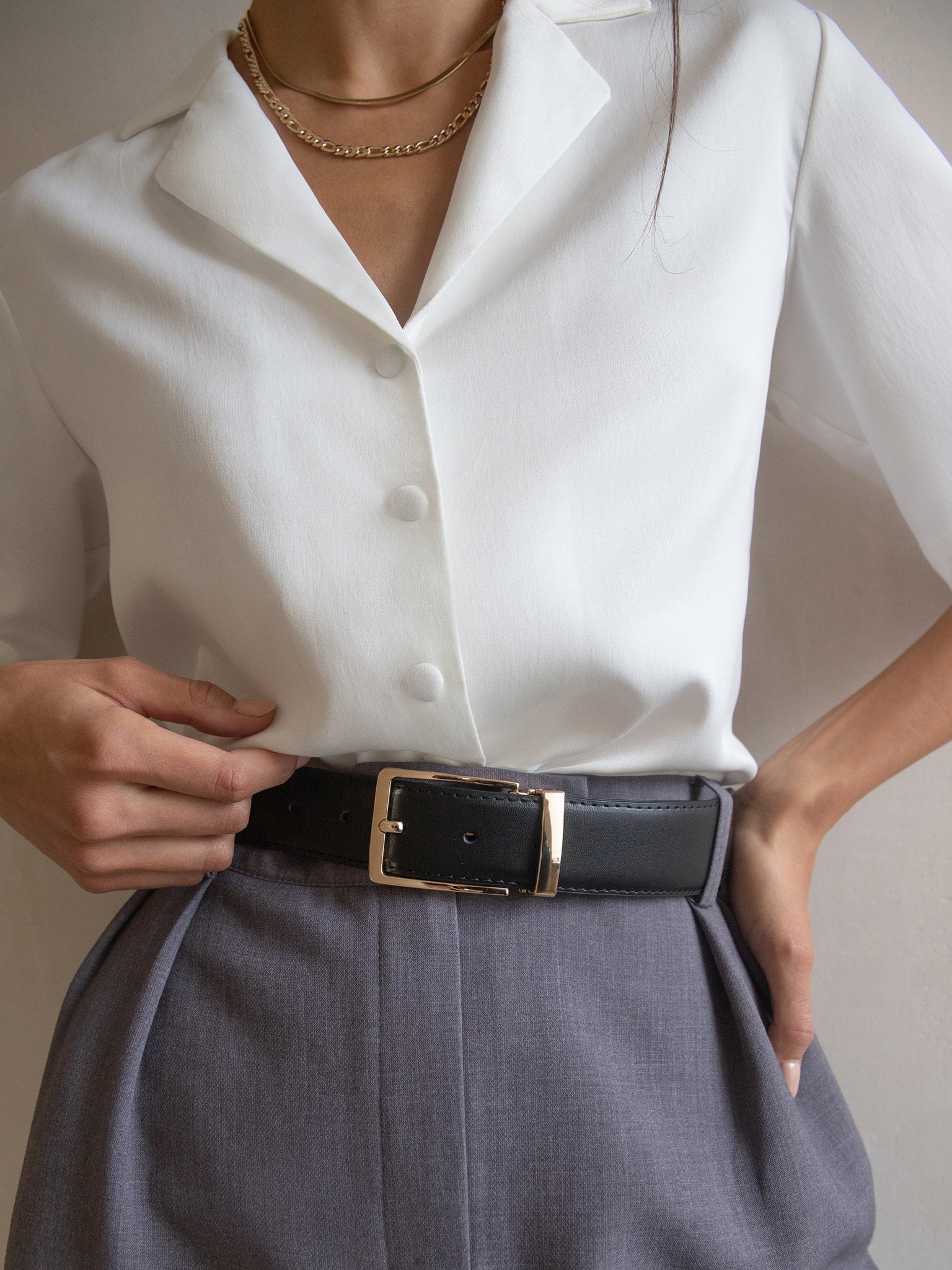 Wide rectangular-button leather belt