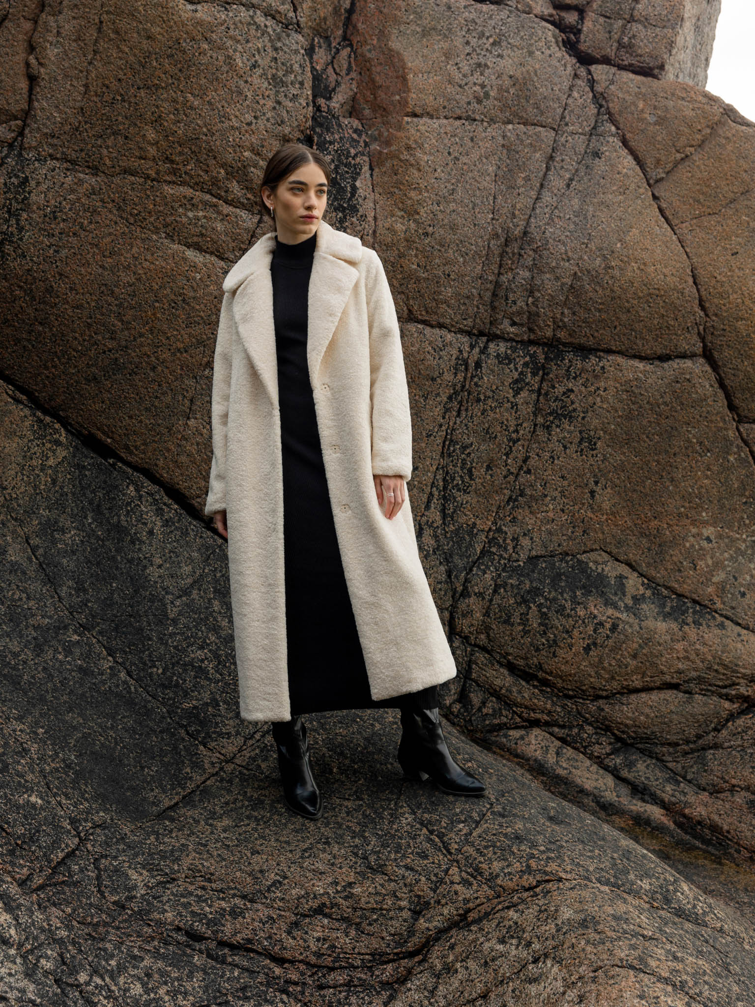 Belted straight faux-fur coat