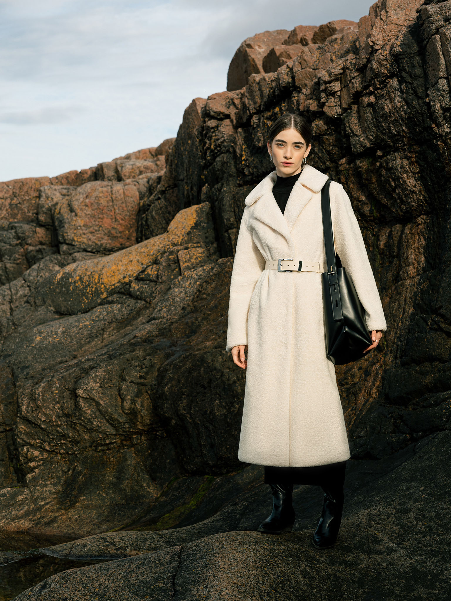 Belted straight faux-fur coat