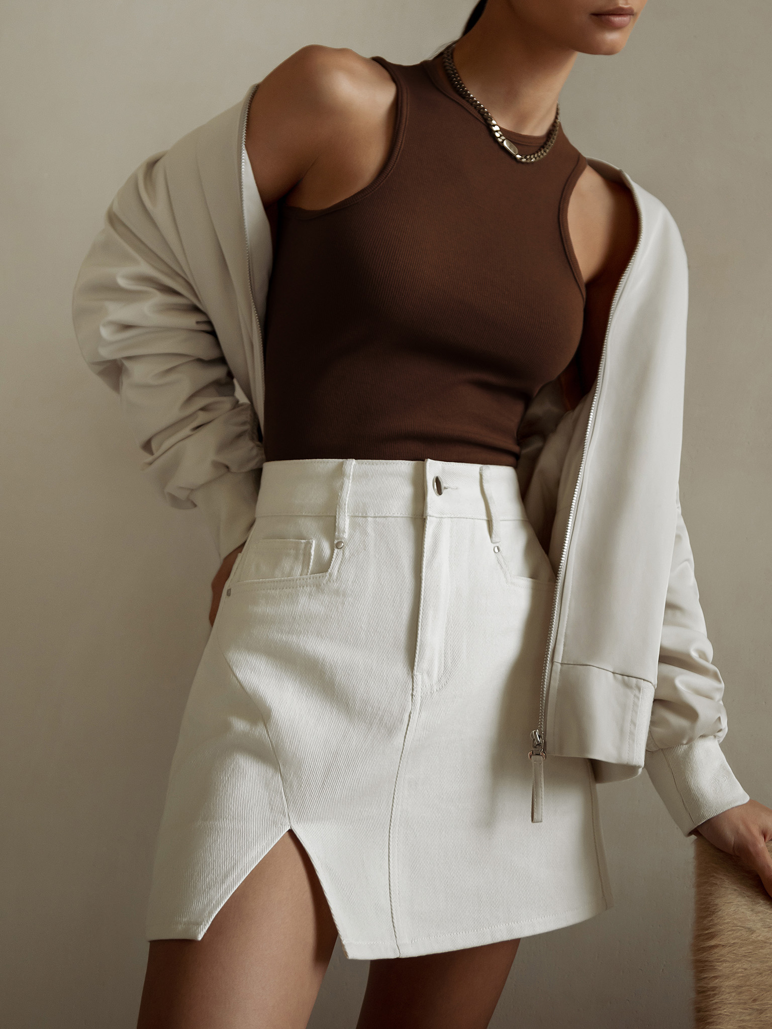 Front-slit denim mini skirt