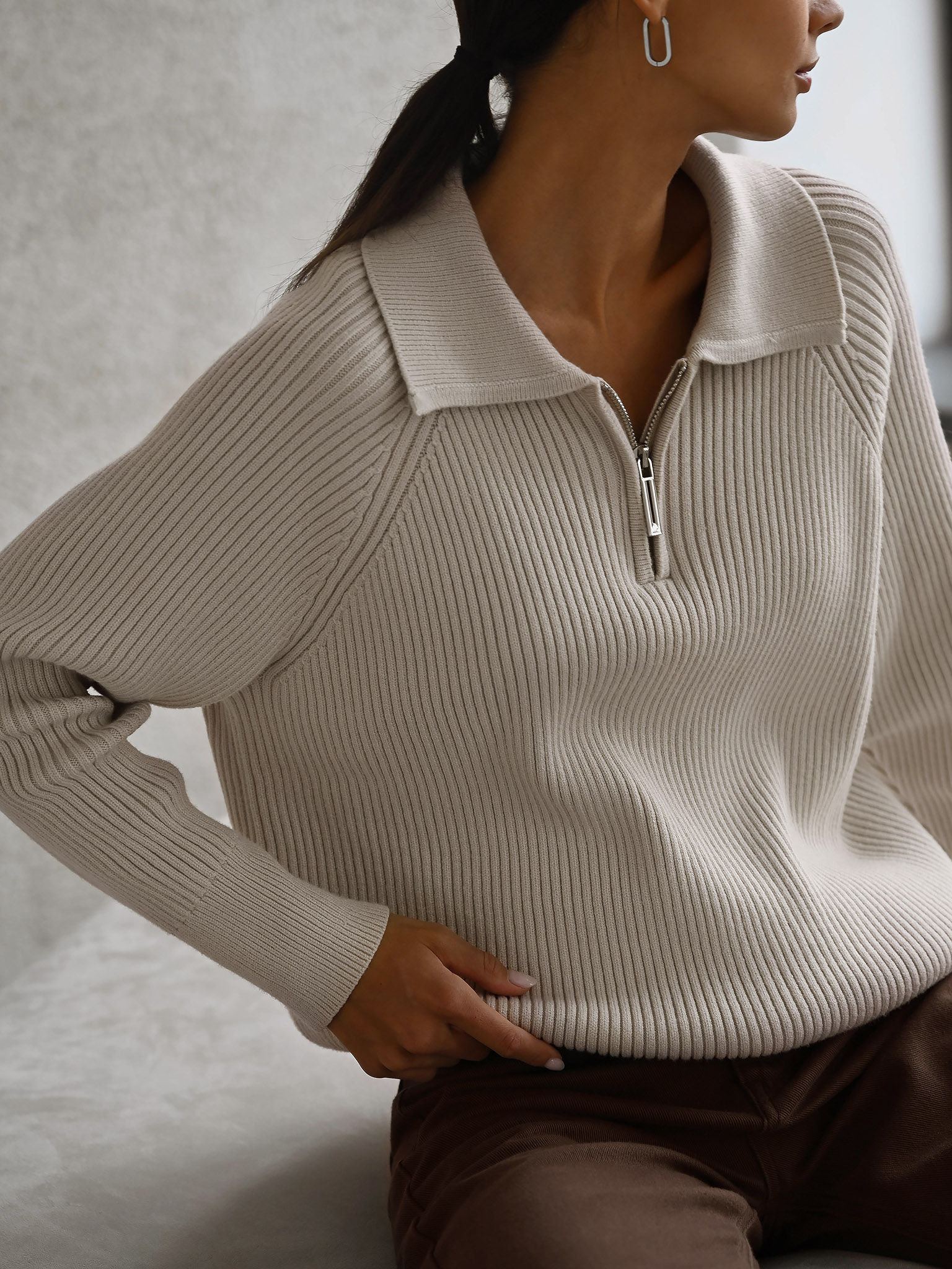 Oversized zipped polo-collar sweater