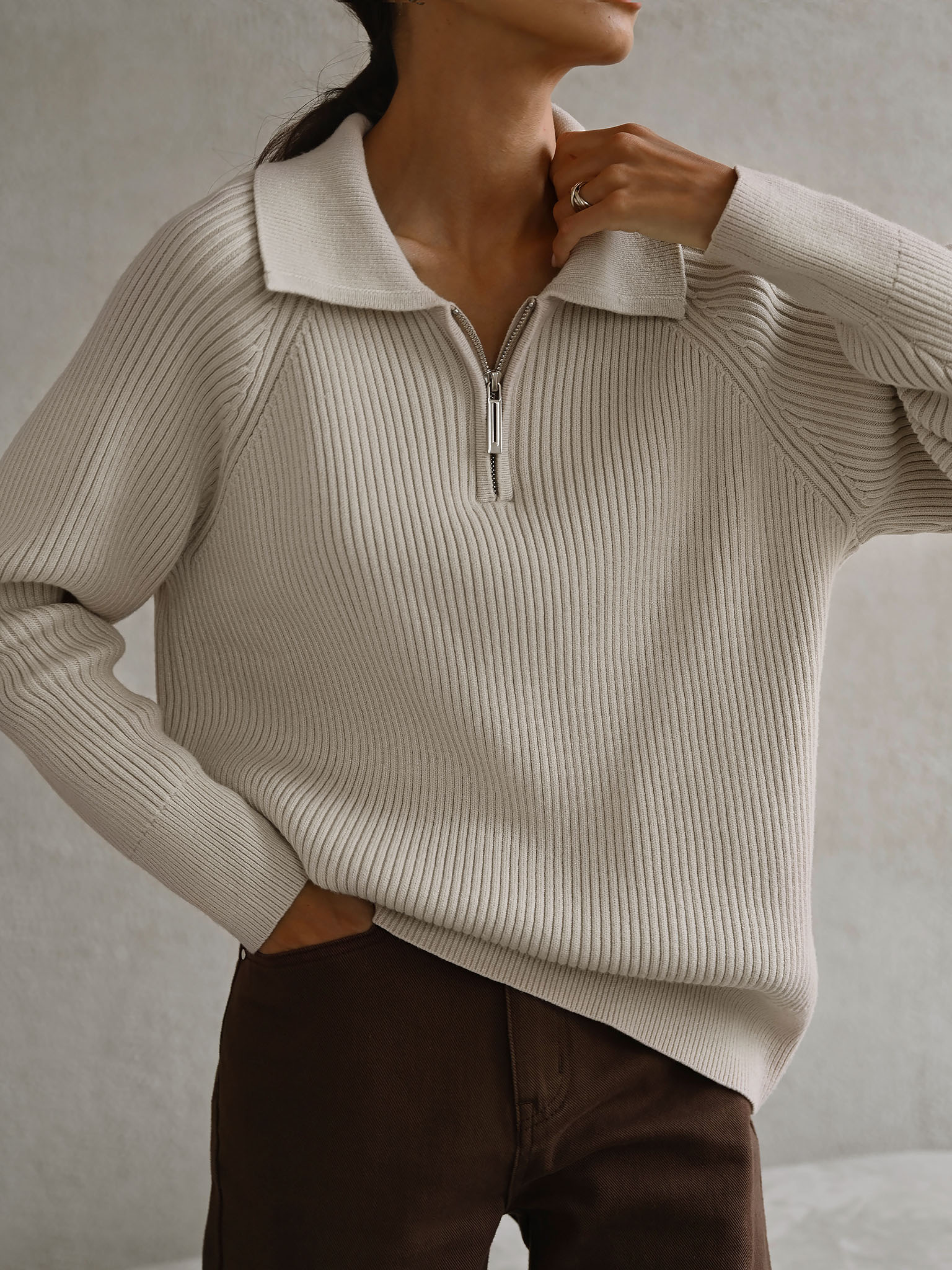 Oversized zipped polo-collar sweater
