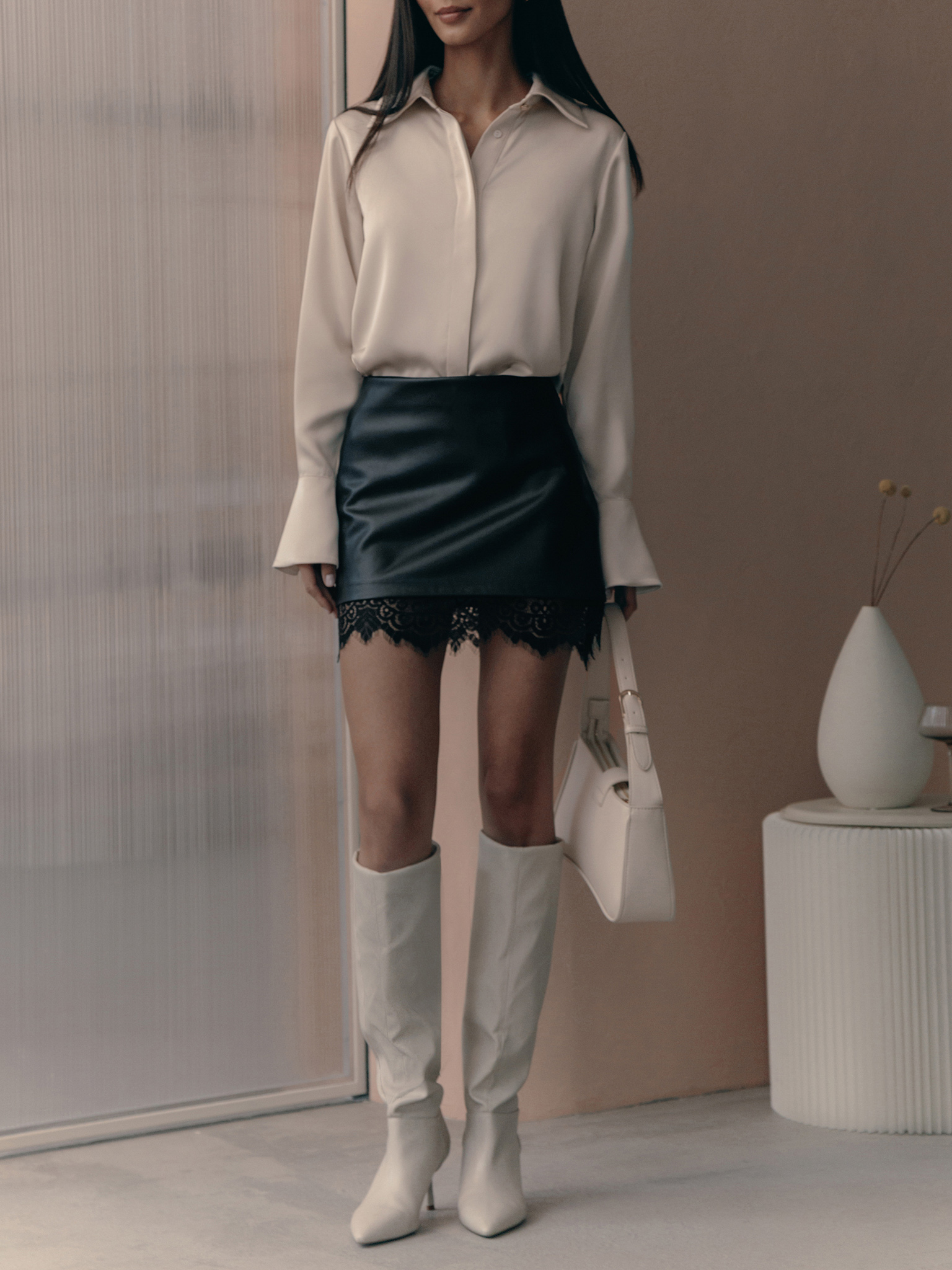 Eco-leather mini skirt with lace decor