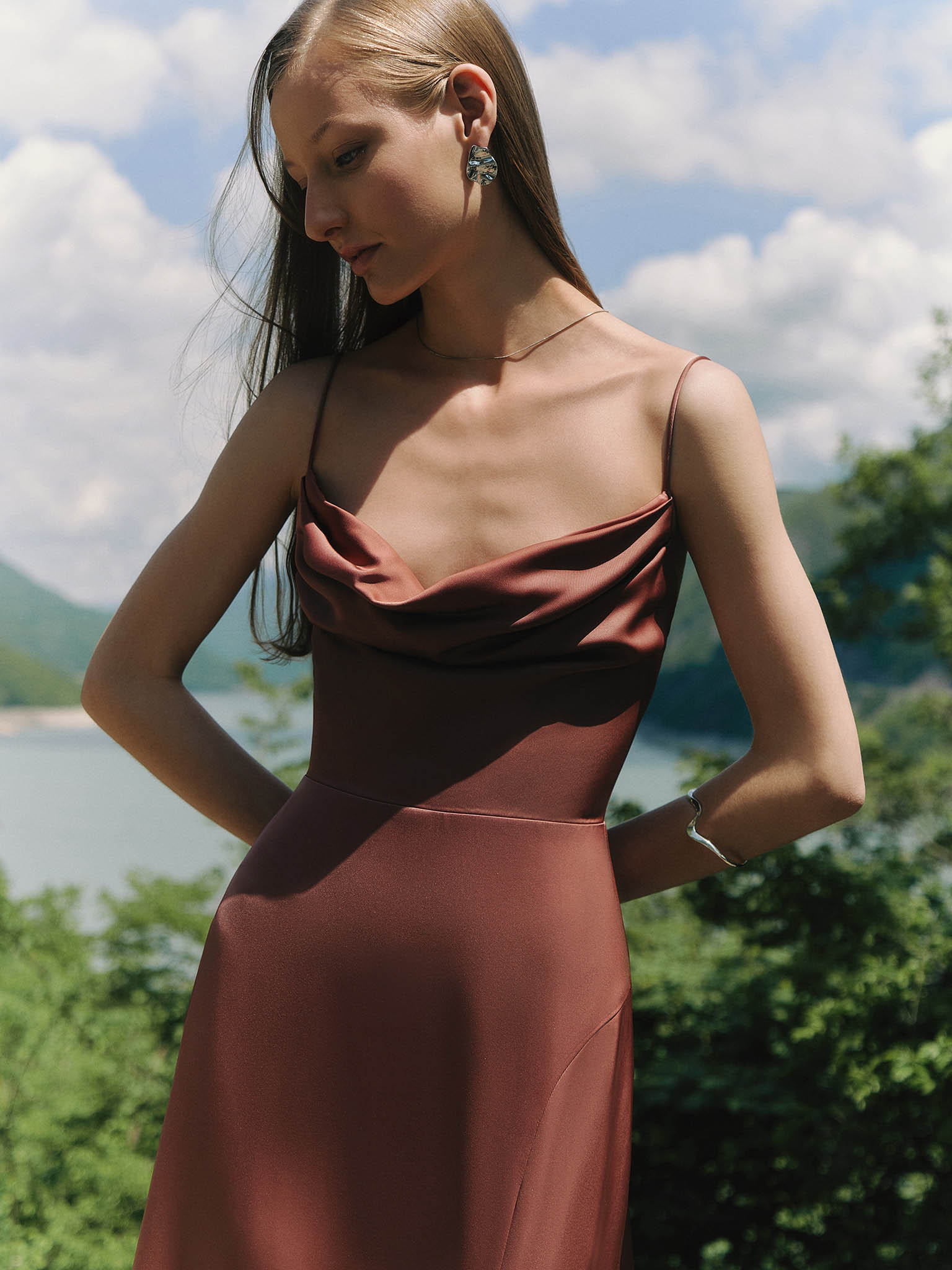 Slim-strapped maxi dress with lace-up back