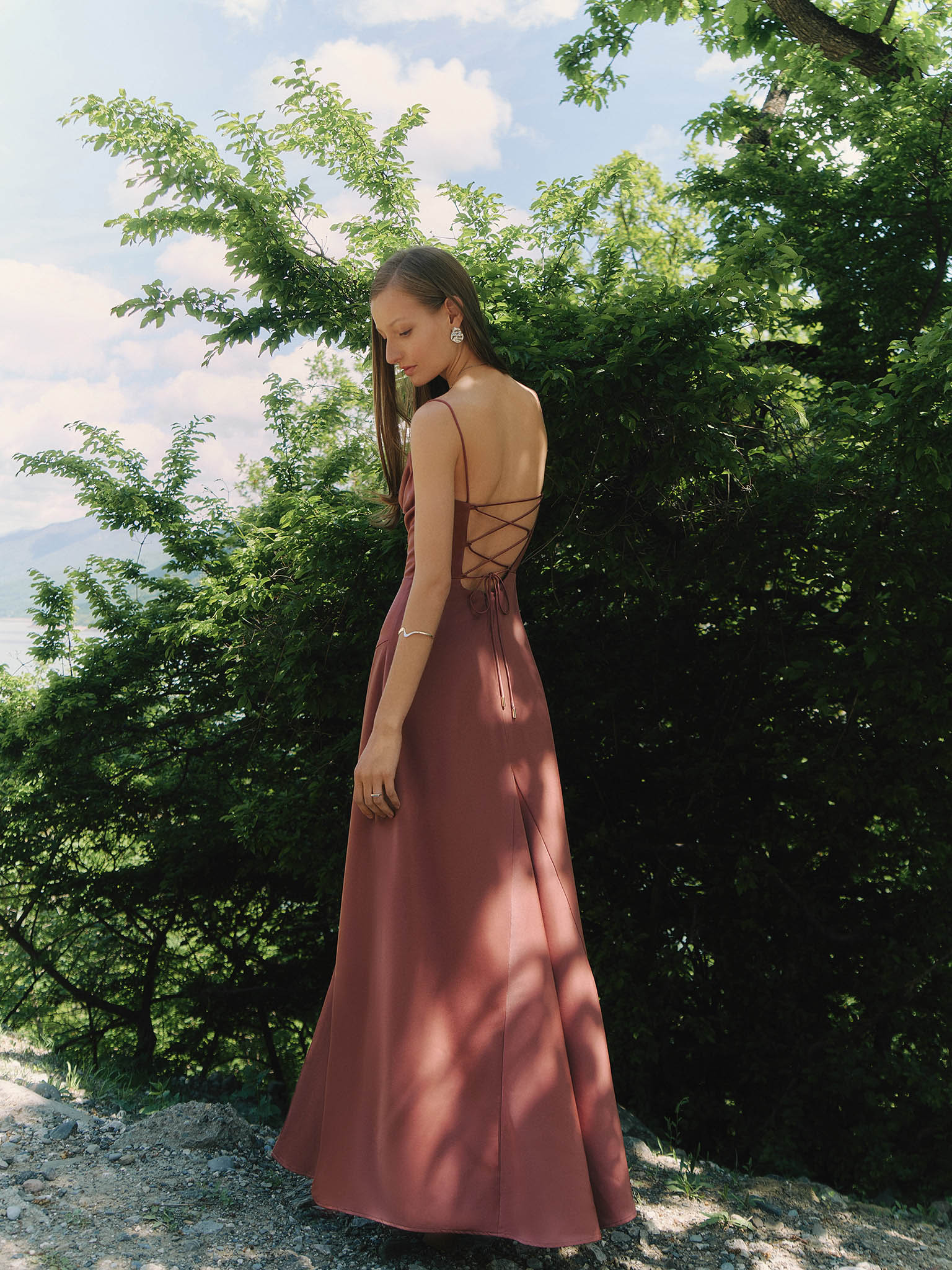 Slim-strapped maxi dress with lace-up back