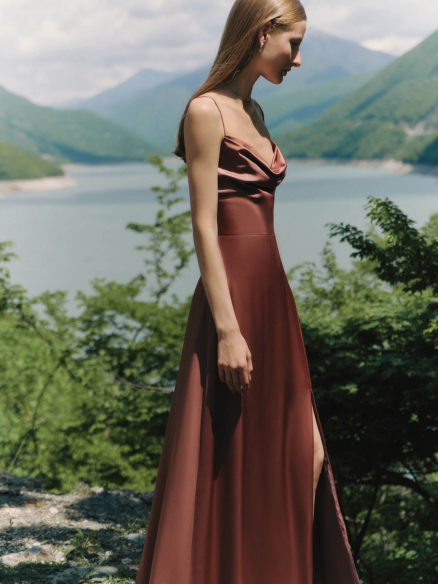 Slim-strapped maxi dress with lace-up back