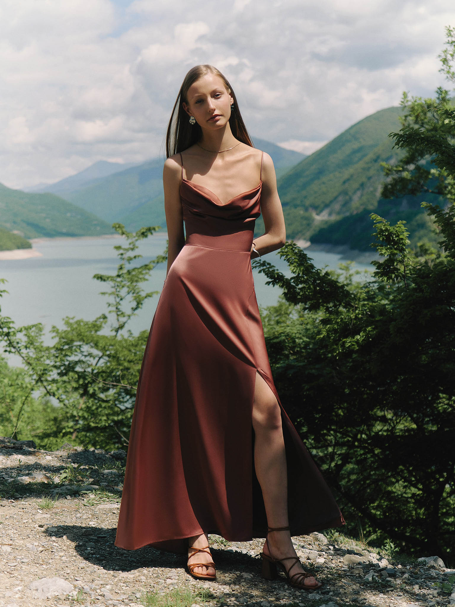 Slim-strapped maxi dress with lace-up back