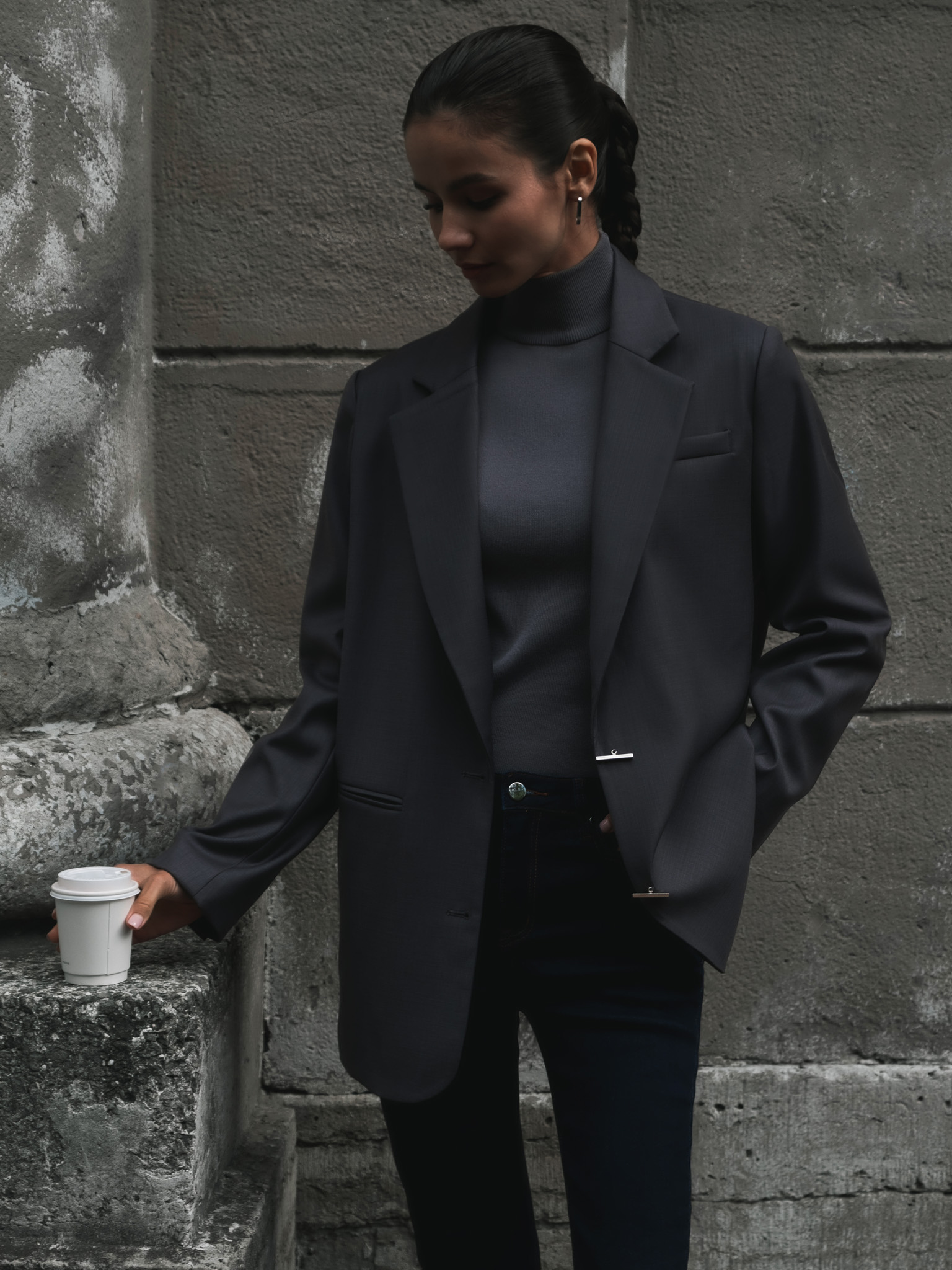 Loose single-breasted jacket with silvertone fastening