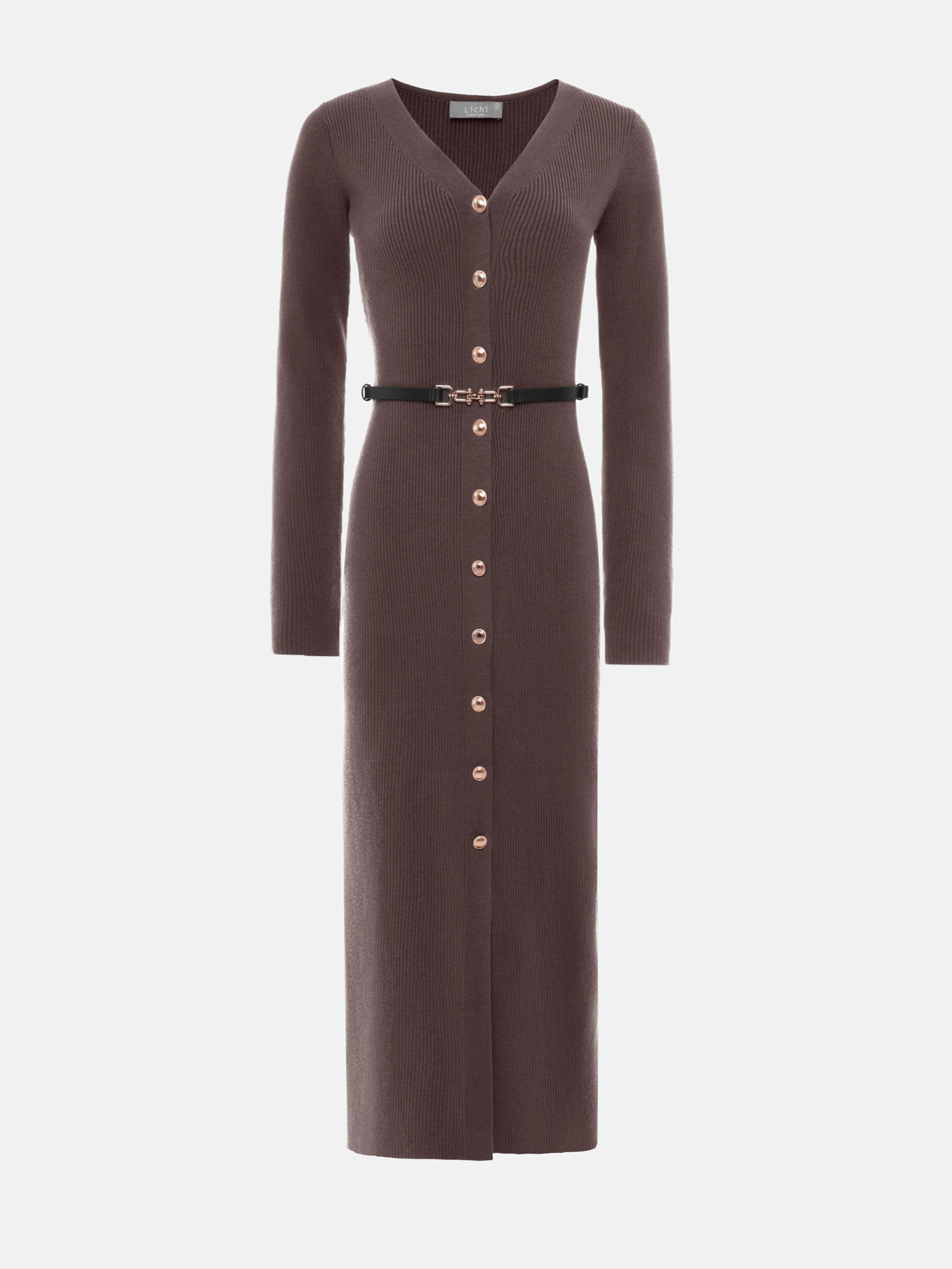 Knitted midi dress with a belt and golden decorations