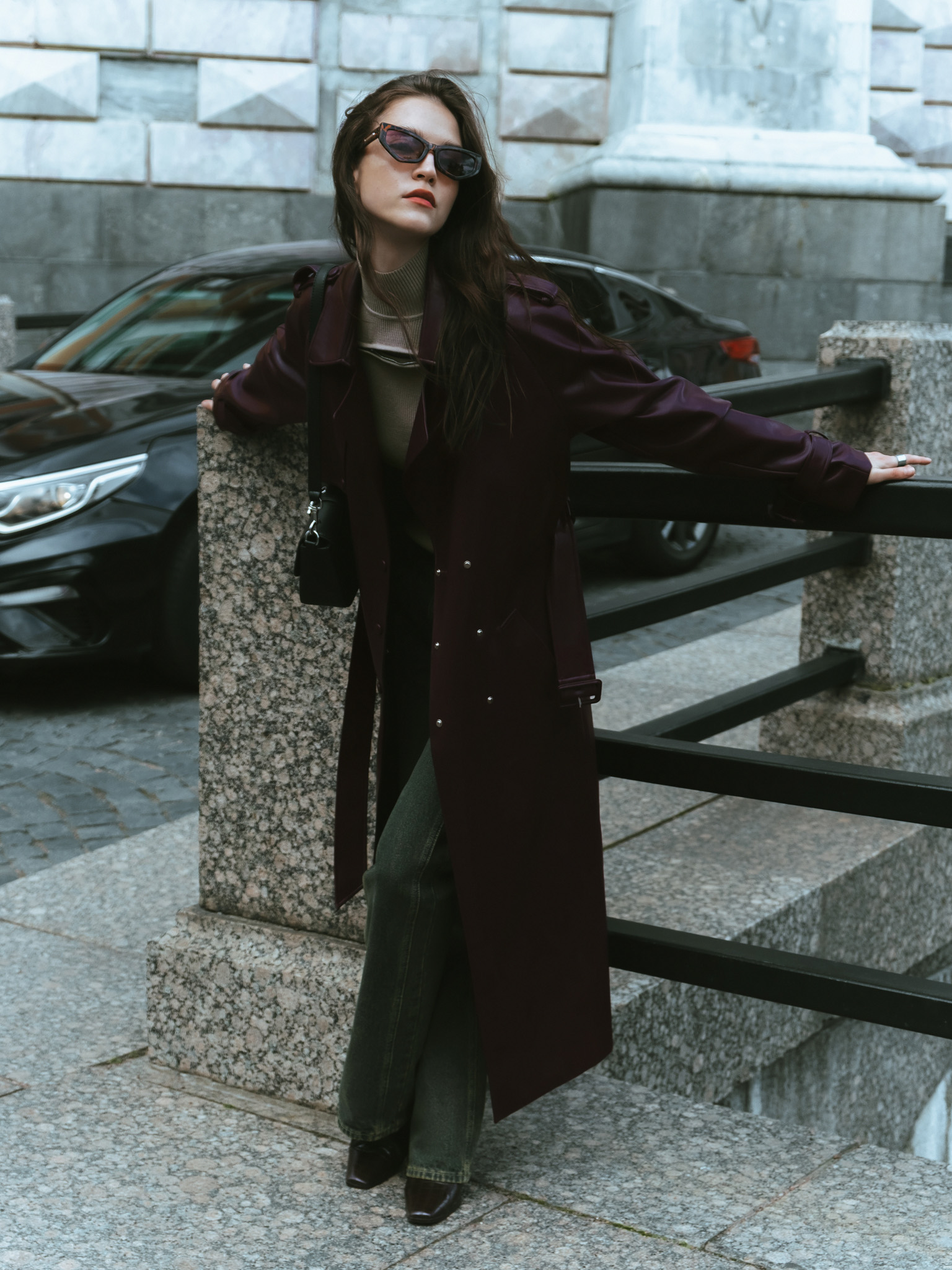 Maxi trench coat from matte eco-leather